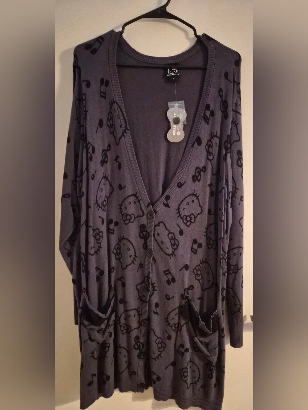 Hello Kitty Gray Button-Up Cardigan with Music Print
